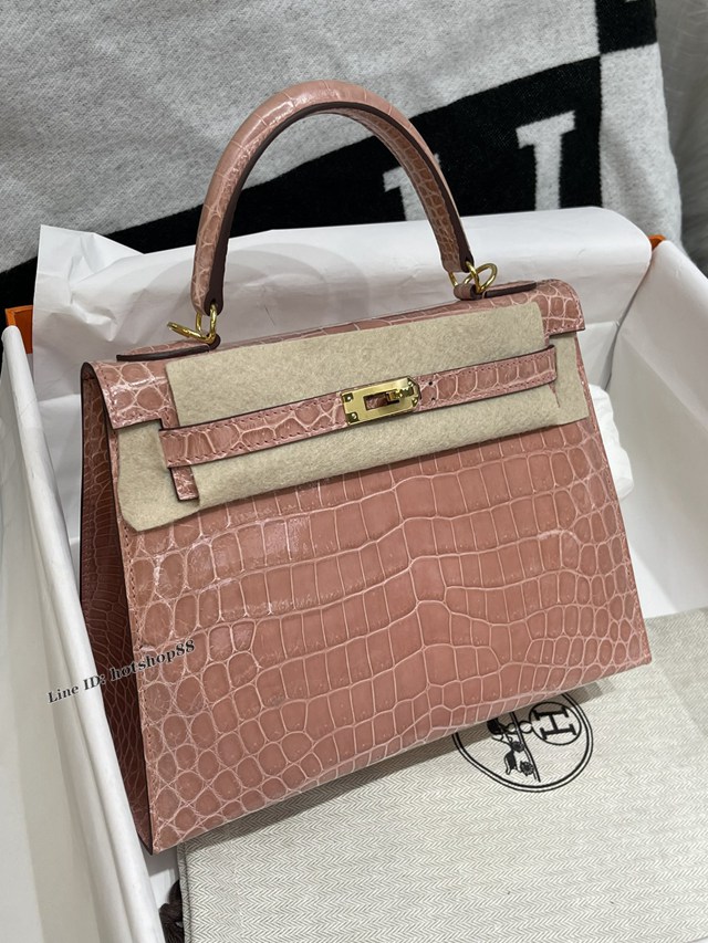 Hermes專櫃經典款Kelly手提女包 愛馬仕純手工凱莉25CM高光尼羅鱷魚皮Kelly包 zhh1250